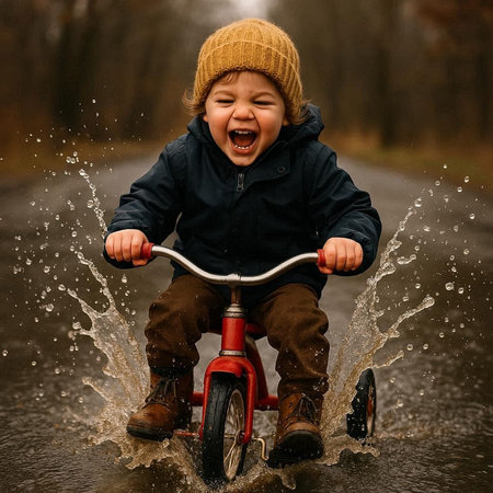 Happy child riding a tricycle on the road in the rain.