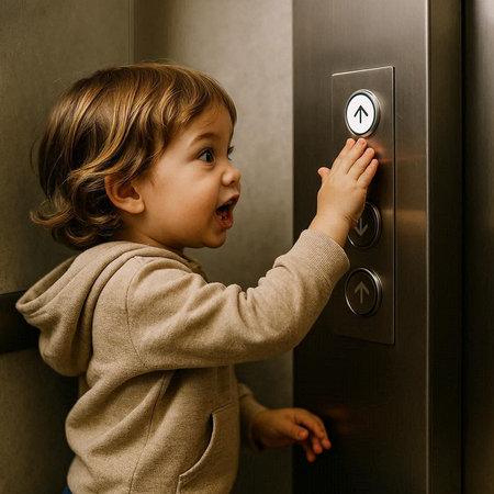 Little baby girl trying to open the elevator. The child is afraid of the elevator.