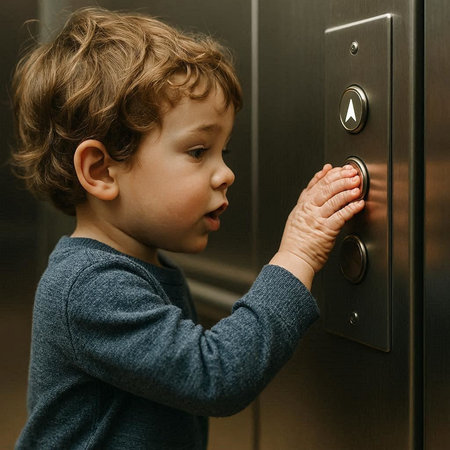 Cute little boy opening elevator door and looking at it. Close up portrait