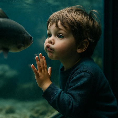 Cute little boy looking at fish in aquarium. Childhood concept.