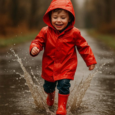 Cute little boy in red raincoat playing in a puddle in the rain