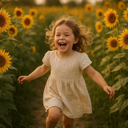 Little girl running in the field of sunflowers. Happy childhood.の写真素材