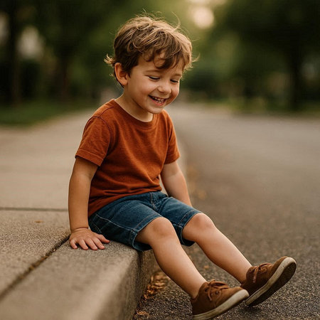 Portrait of a happy smiling boy sitting on the road in the park