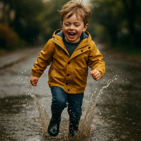 Cute little boy having fun in the rain. Happy child having fun outdoors.