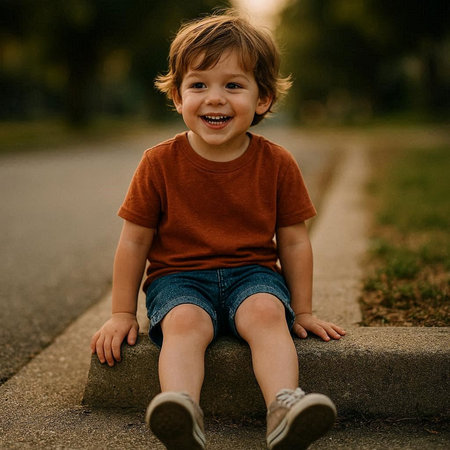 Portrait of a happy little boy sitting on the steps in the park