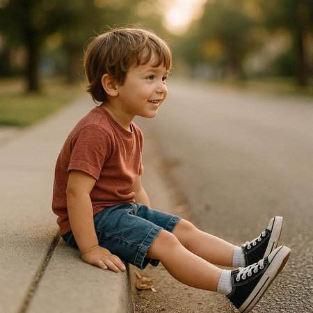 Cute little boy sitting on the road in the park and smiling