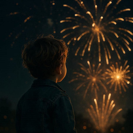 Little boy looks at fireworks in the night sky. Selective focus.