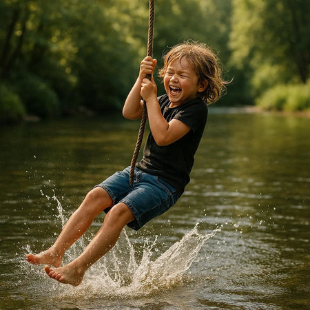 Cute little boy having fun on a swing in the river. Happy childhood.