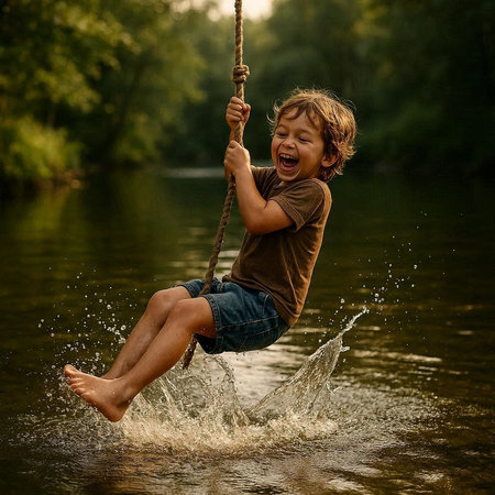 Cute little boy playing on a swing in the river. Happy childhood.