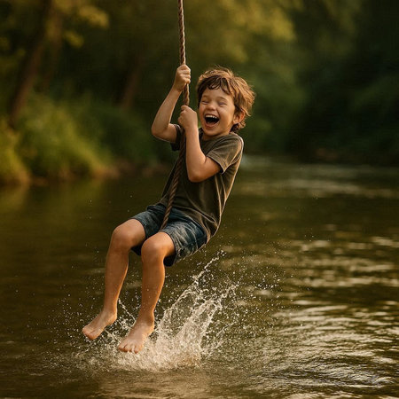 Cute little boy having fun on a swing in the river.