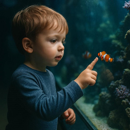 Little boy in an aquarium with anemone fish looking at it
