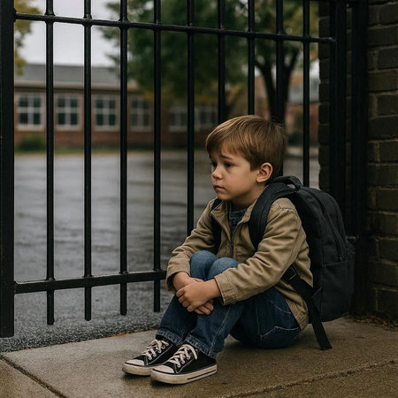 little boy sitting on the street in front of the gate and looking away