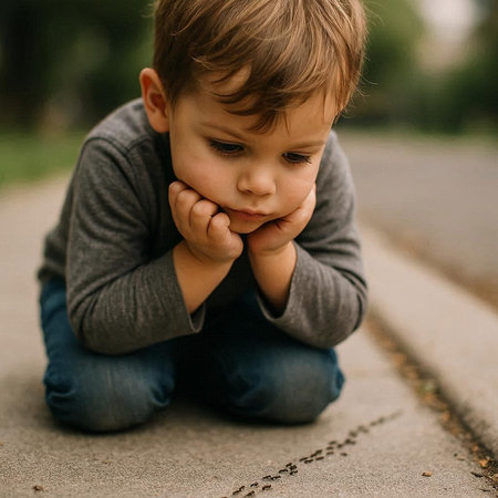 Little boy sitting on the ground and playing with ants, outdoor shot