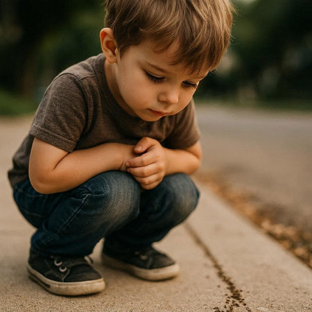 Sad little boy sitting on the street and looking at the camera.