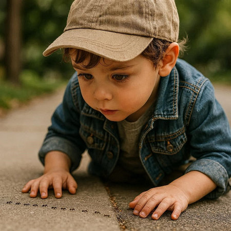 Little boy playing hopscotch on the ground in the park