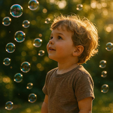 Portrait of a little boy playing with soap bubbles in the park