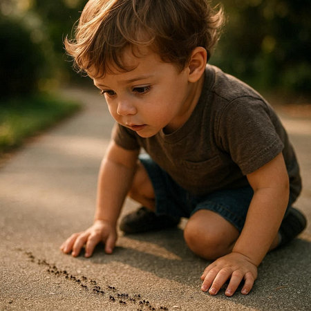 Cute little boy draws a heart on the asphalt in the park