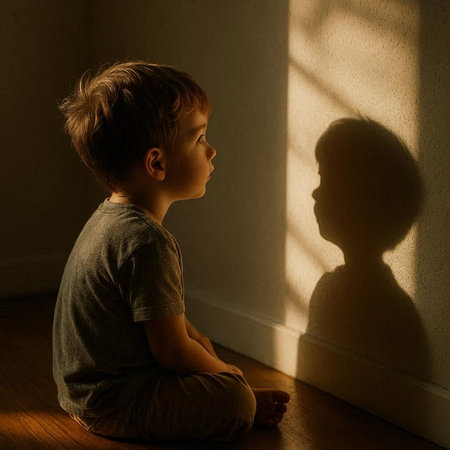 Sad little boy sitting on the floor and looking at the shadow of his mother
