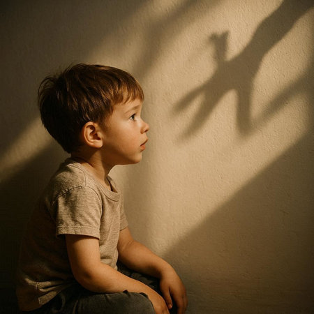 Little boy with shadow on the wall. Shadow of a child.
