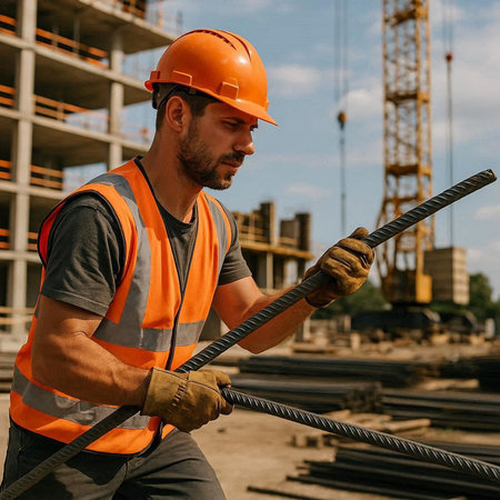 Side view of a young Caucasian construction worker wearing safety helmet and reflective vest working...