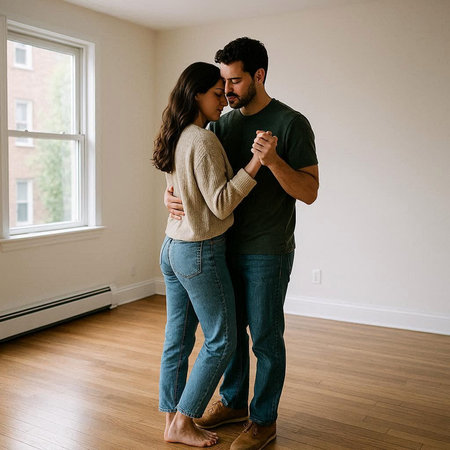 Couple in love looking at each other while standing in a new apartment