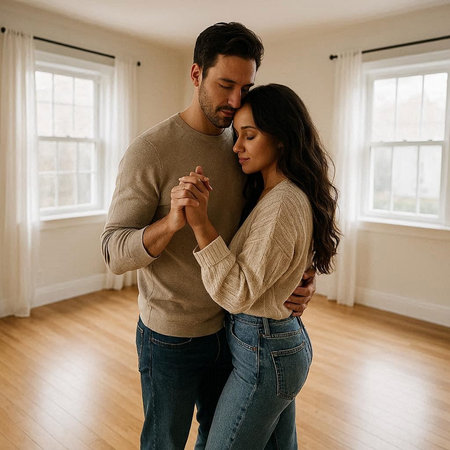 Young couple dancing together in the living room at home. Indoors.