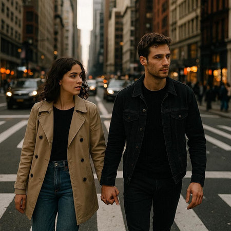Beautiful couple walking in the street of New York City, wearing casual clothes.