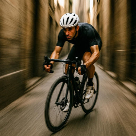 Cyclist riding a bicycle on a city street in motion blur