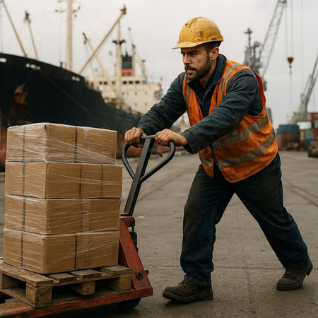 Portrait of a worker loading boxes on a pallet truck at the port