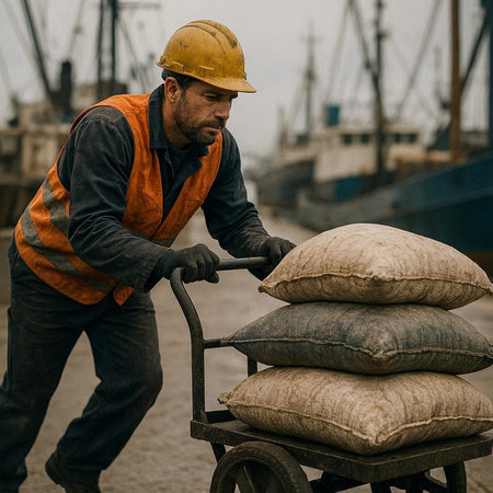 Portrait of a worker with a cart full of sacks in a port