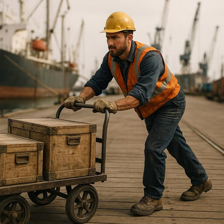 Portrait of a worker with a cart on the background of cargo ships