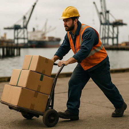 Portrait of a male worker carrying cardboard boxes on a hand truckの写真素材
