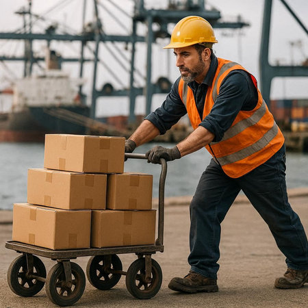Side view of unshaven male worker pushing cart with boxes on it