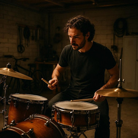 Musician playing drums in recording studio. Musician playing drums.
