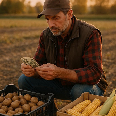 Farmer counting money in the field. Farmer counting money in the field.