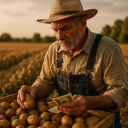 Portrait of senior farmer holding harvested potatoes and counting money in field