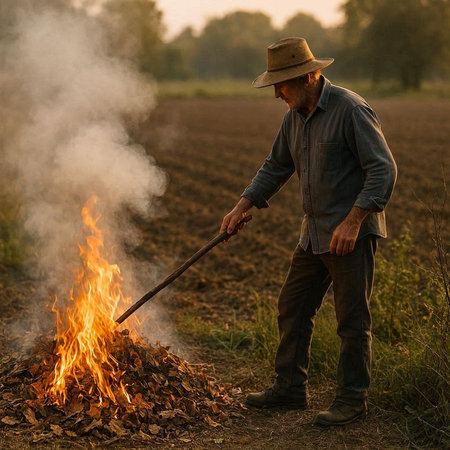 Farmer with a burning campfire in the middle of the field