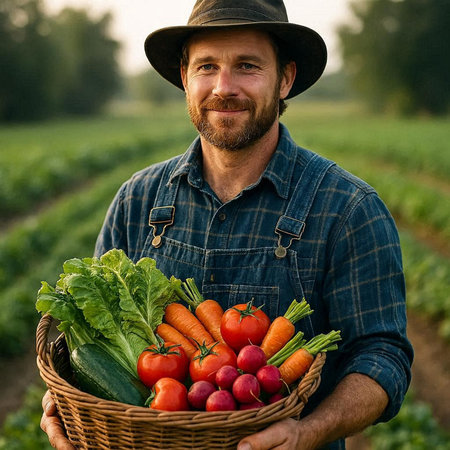 Farmer holding a basket full of freshly harvested vegetables on the field