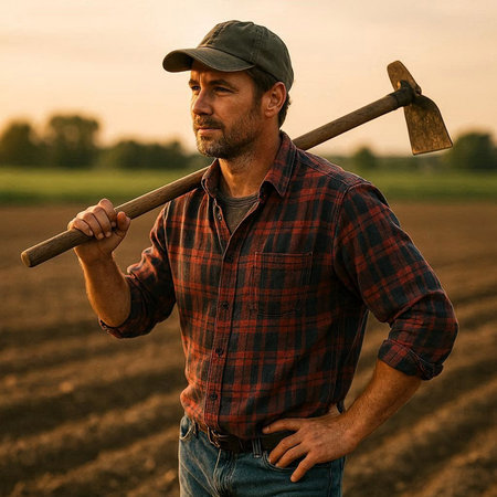 Farmer standing with axe in his hand on a field during sunset