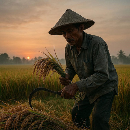 Farmer working in the rice field at sunset, Phetchabun, Thailand