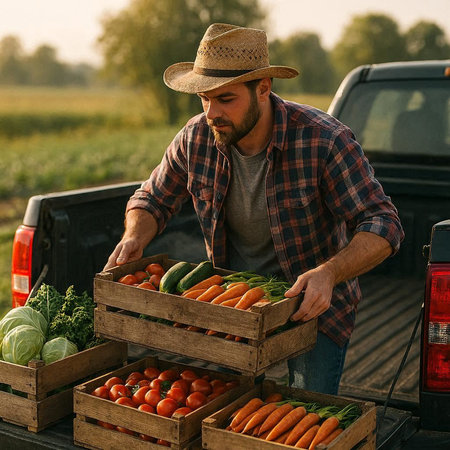 Farmer with box of harvested vegetables standing in front of pickup truck