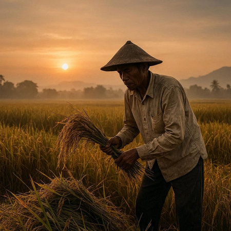 Farmer working in the rice field at sunset, Mae Salong, Thailand