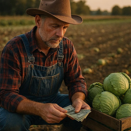 Farmer counting money in the field. Farmer counting dollars in the field.