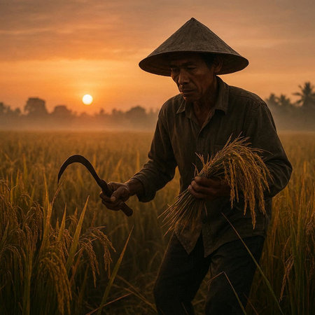Farmer with scythe in the rice field at sunset.