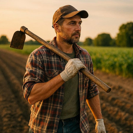 Farmer with a ax in his hand on the background of the field