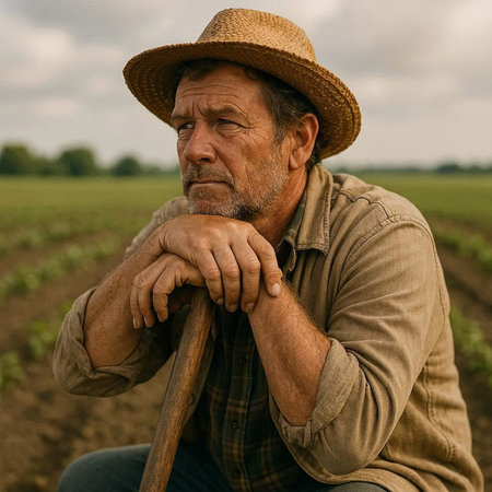Portrait of a senior farmer sitting on the field and looking away