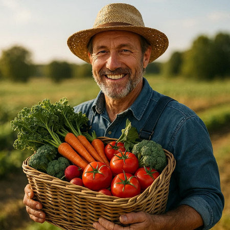 Portrait of a senior farmer holding a basket full of fresh vegetables