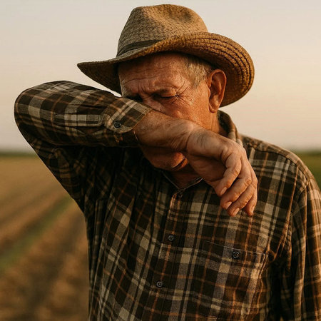 Portrait of a senior farmer in a plaid shirt and hat.