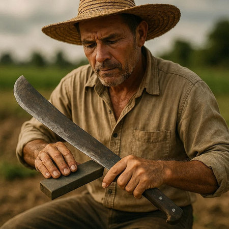 Farmer with a knife in his hand on the background of a field