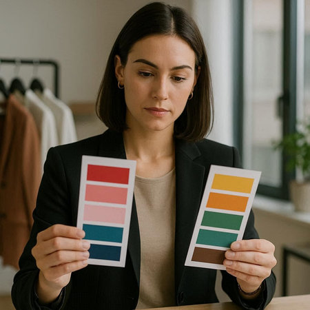 selective focus of fashion designer holding palette of color samples in office